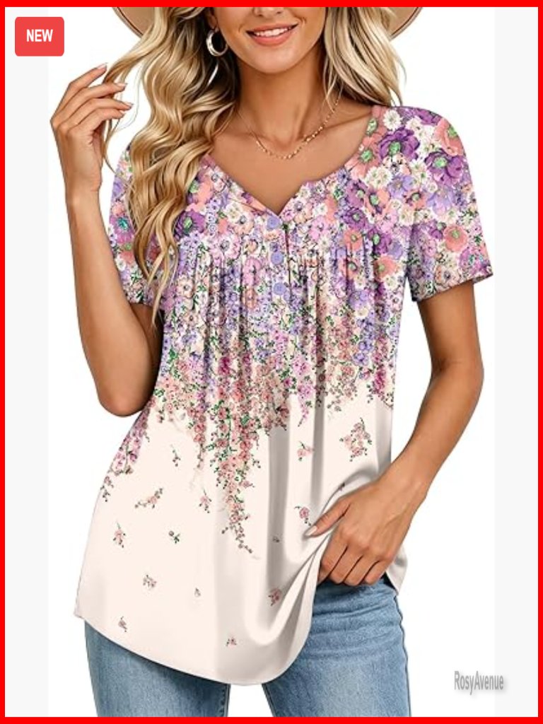 Short Sleeve Henley V Neck Tunic Blouse Loose Fit Summer Top